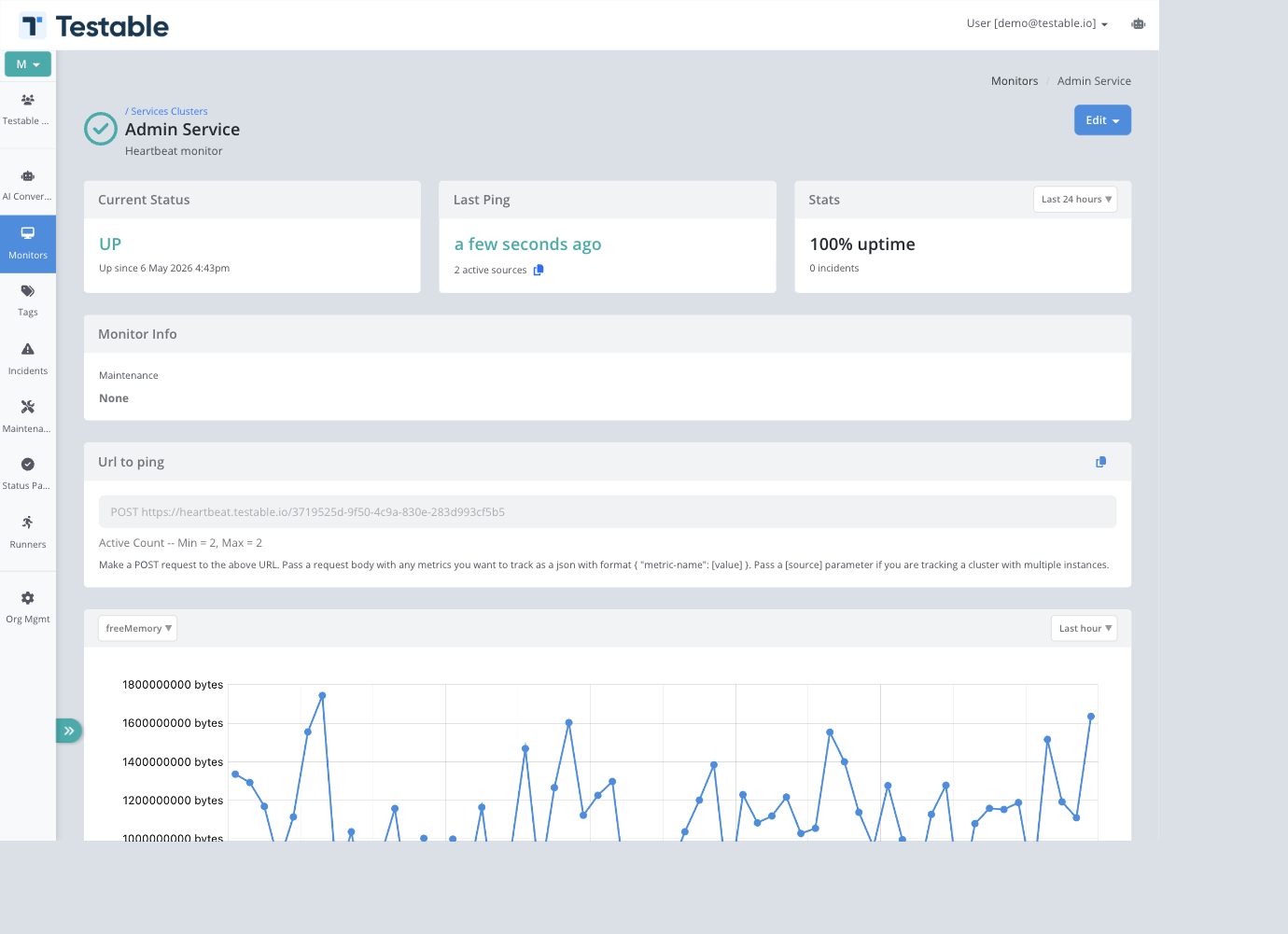 Heartbeat monitor detail page showing status, last ping, ping URL, active source counts, and metrics