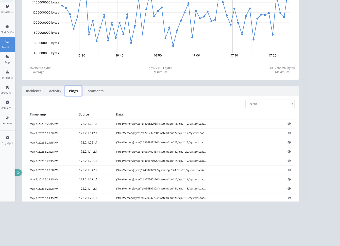 Heartbeat pings table showing timestamps, sources, and JSON data