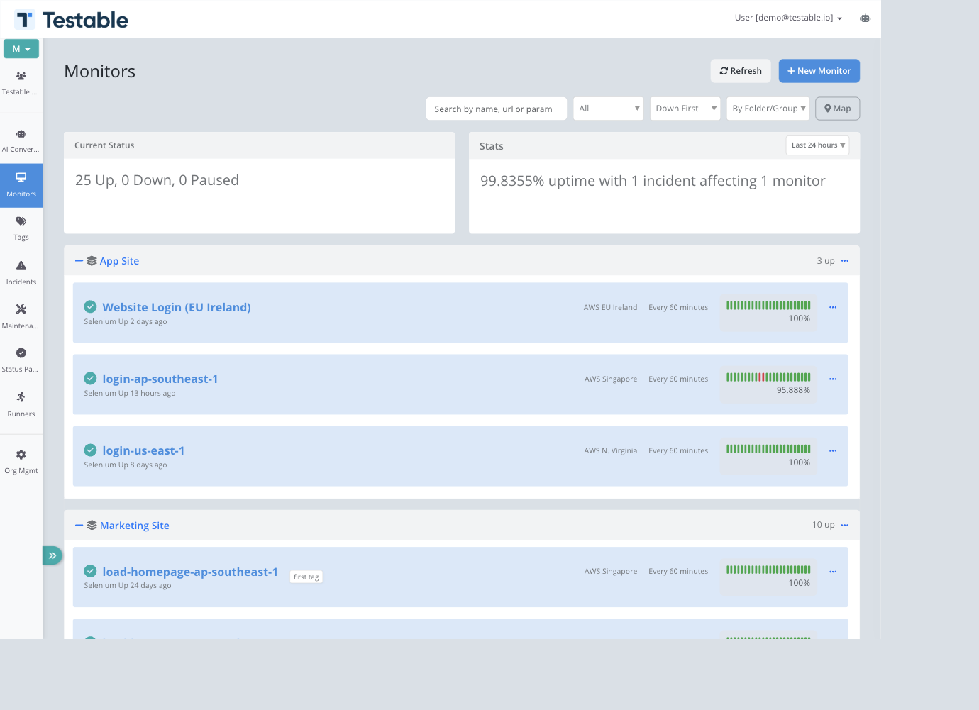 Monitor list showing grouped monitors, status summaries, uptime bars, and filters