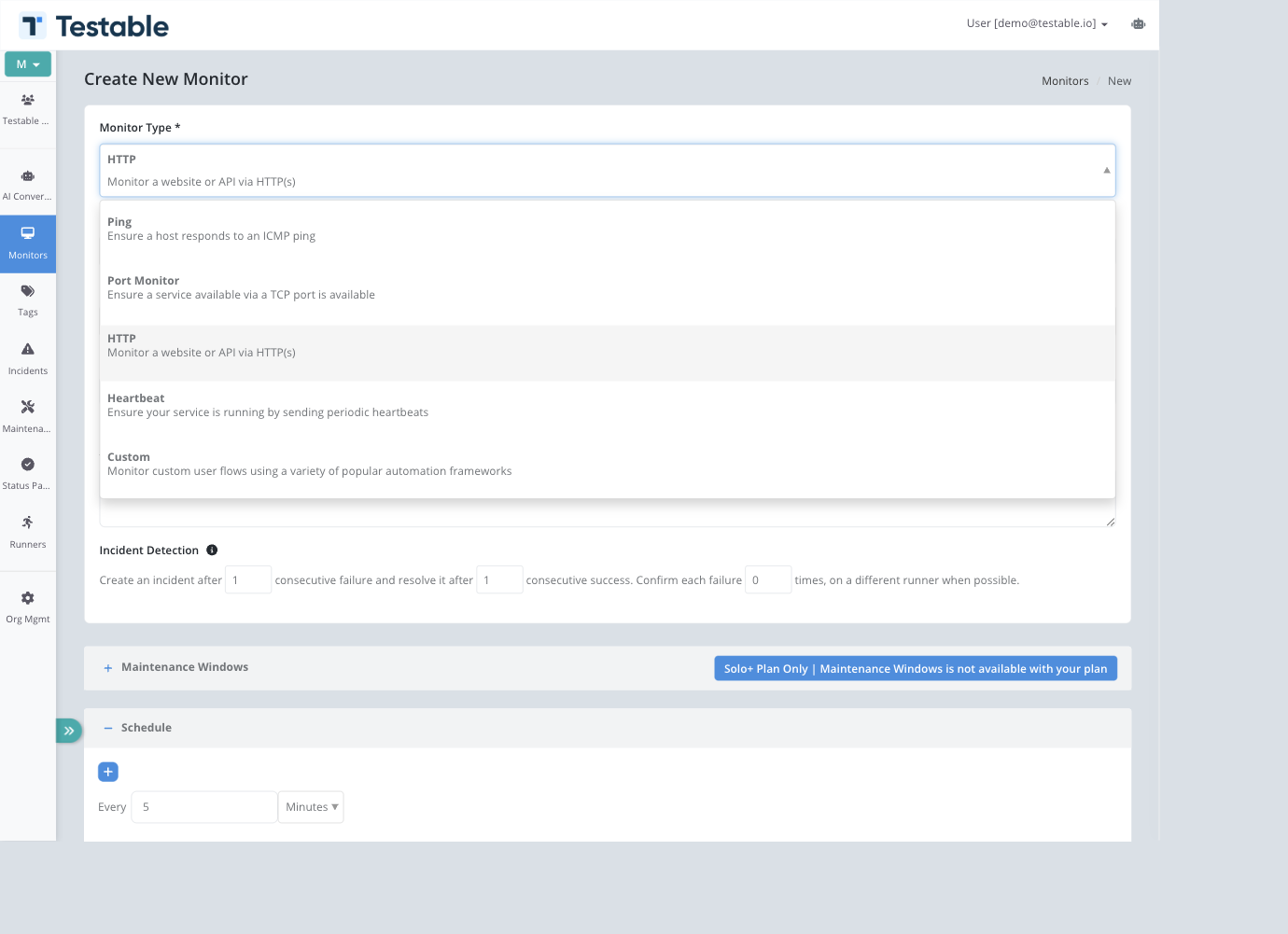 Monitor type picker showing Ping, Port Monitor, HTTP, Heartbeat, and Custom options
